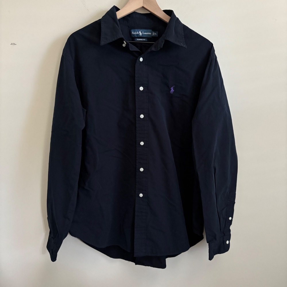 Ralph Lauren Mens XL Classic Fit Navy Blue Button Down Shirt Purple Pony Logo